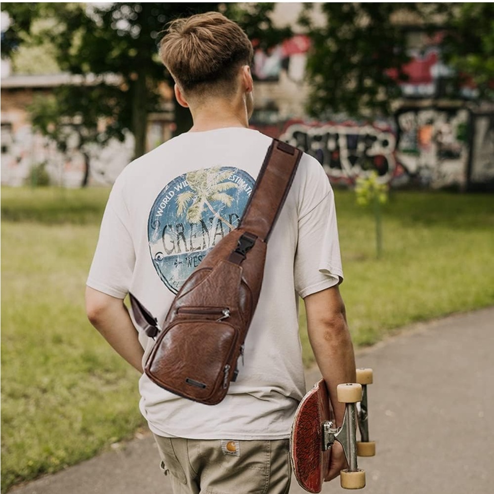 New! Leather Sling Bag Mens Backpack/ Crossbody Bag Chest Bag w/ USB Charge Port - Picture 5 of 11